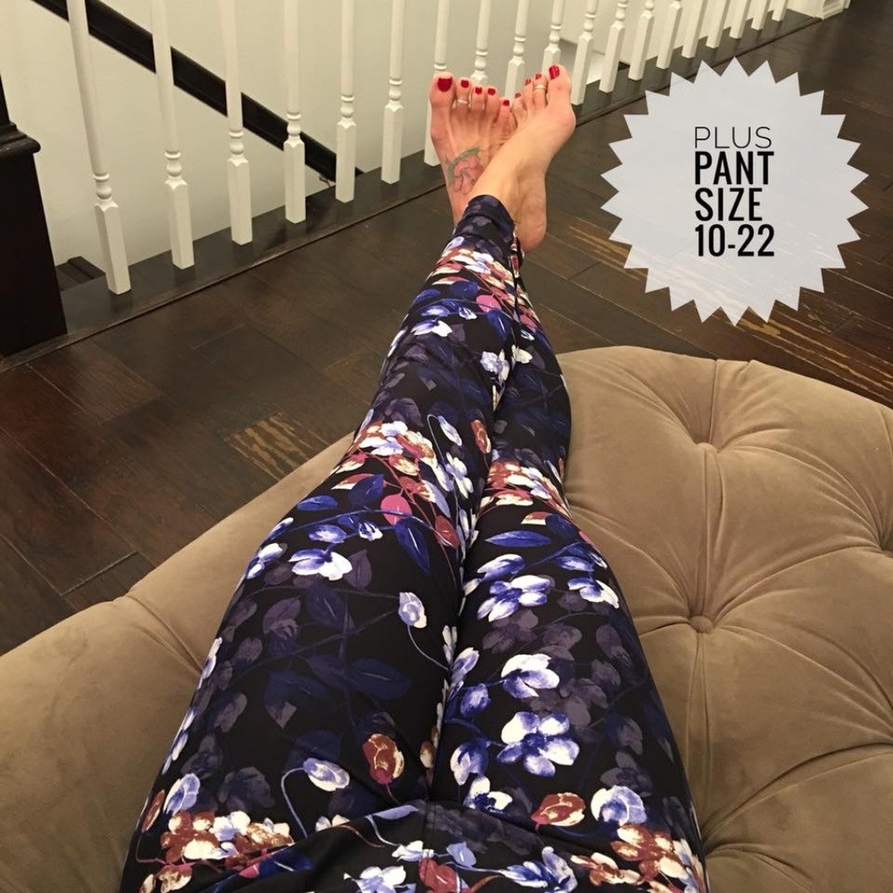 New Black floral purple blue high waisted leggings - Picture 2 of 7